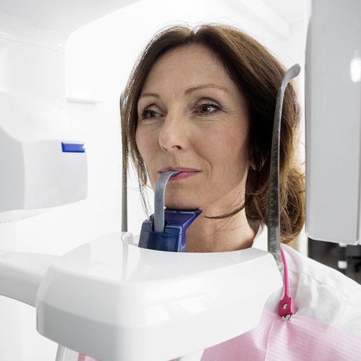 Woman  receiving 3 D C T cone beam scan