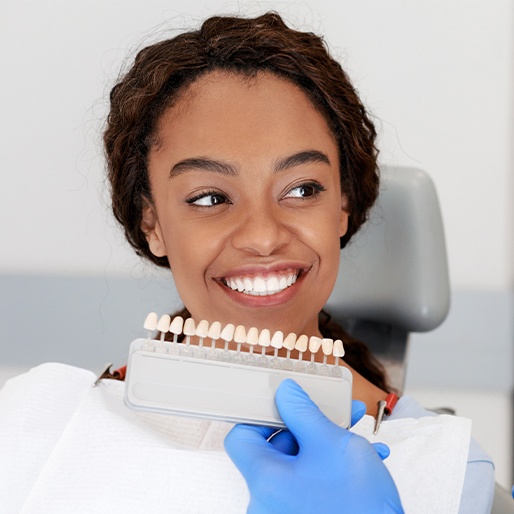 Woman's smile compared with porcelain veneer shade chart