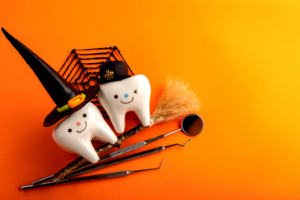 assorted dental tools and Halloween decorations 